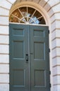 External view of a locked entrance to one of the campus Library`s at Harvard University.