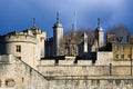 External view of walls and towers of Tower of London under dark sky Royalty Free Stock Photo