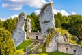 External yard and torture room entrance of medieval Ogrodzieniec Castle in Podzamcze village in Silesia region of Poland