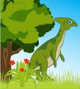 Extinct animal dinosaur on green glade daytime