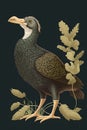 An extinct dront, dodo bird, or Raphus cucullatus in Latin. Imaginary Illustration with foliage in a flat design. AI Generative