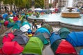 Extinction Rebellion protesters with their tents take over Trafalgar Square London UK.