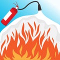 Red extinguisher from which foam extinguishes fire, firefighting concept