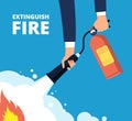 Extinguish fire. Fireman with fire extinguisher. Emergency training and protection from flame vector concept