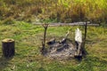 Extinguished bonfire in a field in a green meadow
