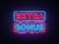 Extra Bonus neon sign vector. Bonus neon text Design template neon sign, light banner, neon signboard, nightly bright Royalty Free Stock Photo