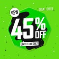 Sale 45% off, discount banner design template, promo tag. Shopping poster, vector illustration