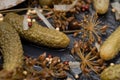 Extra Fine Cornichons - minuscule sour French pickles on natural stone background. Mini French style Gherkin Cucumbers