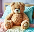 extra fluffy Teddybear on a made-up colored child bed