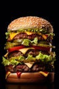 extra large hamburger on a black background, created by Generative AI