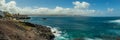 Extra large panorama from La Isleta an warm sunny day with briht blue sky and white clouds. Las Palmas, Las Canteras beach, Gran