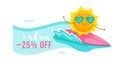 Extra Off Banner with Cute Cartoon Sun Character Wearing Heart Sunglasses Riding Surf Board. Summer Sale Royalty Free Stock Photo