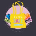 Extra sale shopping bags marketing poster vector illustration. Shopping paper bag with discount cards, dollars cash