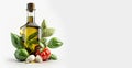 Extra virgen olive oil bottle with fresh basil and garlic Banner, Olive Oil from JaÃ©n Andalusia Spain, Generative AI
