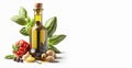 Extra virgen olive oil bottle with fresh basil and garlic Banner, Olive Oil from JaÃ©n Andalusia Spain, Generative AI