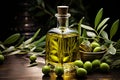 Extra Virgin Olive Oil and Fresh Olives for Healthful Cooking and Salads. Copy space Royalty Free Stock Photo