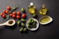 Extra virgin olive oil with green olives and tomatoes generative AI illustration