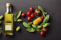 Extra virgin olive oil with green olives and tomatoes generative AI illustration