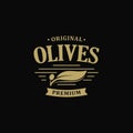 Extra virgin Olive oil premium quality. Olives branch vintage label. Healthy products retro green vector logo template