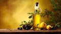 Extra virgin organic olive oil, Oil bottle with olives and leaves