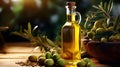 Extra virgin organic olive oil, Oil bottle with olives and leaves