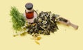 Extract infusion of medicinal herbs in bottle. Chamomile flower and dry medicinal plants for herbal medicine on yellow paper