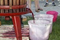 Extracting grape juice with old manual wine press Royalty Free Stock Photo