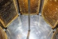 Extracting honey, honey flowing out of centrifuge into a sieve hanging in a bucket