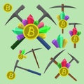 Extraction bitcoin emblem, icon with a geological hammer, pick and crystals vector set multicolored