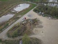 Extraction, washing, sorting and distraction of river gravel. Mining industry. Technology of obtaining a stone. A bird`s eye view.