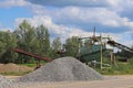 Extraction, washing, sorting and distraction of river gravel. Mining industry. Technology of obtaining a stone. A bird`s eye view.