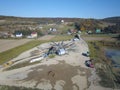 Extraction, washing, sorting and distraction of river gravel. Mining industry. Technology of obtaining a stone. A bird`s eye view.