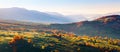 Extraordinary autumn scenery. Green fields with haystacks. Trees covered with orange and crimson leaves. Mountain landscapes.