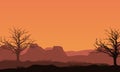An extraordinary color of the evening sky with panoramic views of the mountains and dry trees around it. Vector illustration