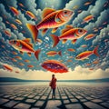 an extraordinary phenomenon captured in surreal beauty-fish raining from the sky. Generative AI