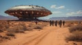 Scientist and police army are approaching a huge ufo plane which is smashed to pieces in the desert Royalty Free Stock Photo