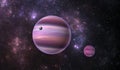 Extrasolar planet. Gas extrasolar planet with moon on background nebula