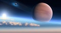 Extrasolar planet. Stone Planet with moon on background nebula - illustration Royalty Free Stock Photo