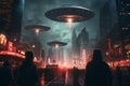 Extraterrestrial aliens in a city. Generate Ai Royalty Free Stock Photo