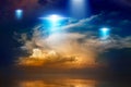 Extraterrestrial aliens spaceships, ufo in red glowing sky Royalty Free Stock Photo