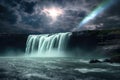 extraterrestrial in awe of thunderous waterfall, its eyes shining