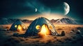 Extraterrestrial camping tents with cozy glowing lights, alien camping. Generative AI