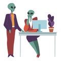 Aliens at work talking on working place, boss and secretary