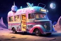 The Extraterrestrial Ice Cream Truck a spaceship that looks like a vintage truck from the 1950s, it offers cosmic - flavored ice