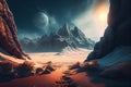 Extraterrestrial landscape, alien planet in deep space in winter,generative ai Royalty Free Stock Photo