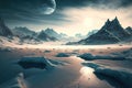 Extraterrestrial landscape, alien planet in deep space in winter, generative AI