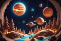 Extraterrestrial Landscape With Floating Planets and Illuminated Forest at Night Royalty Free Stock Photo