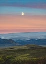 Extraterrestrial landscape of the moon over volcanic mountain and glacier on lava field in Icelandic Highlands on summer at