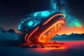 Extraterrestrial spaceship on the alien planet sorrounded with neon glowing lights generative ai illustration
