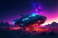 Extraterrestrial spaceship on the alien planet sorrounded with neon glowing lights generative ai illustration